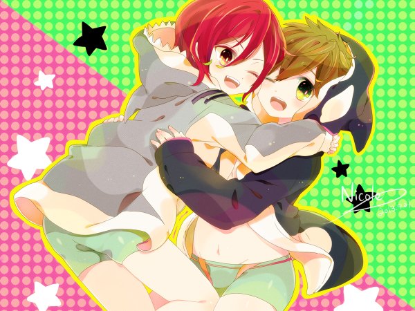 Anime picture 1200x900 with free! kyoto animation matsuoka rin tachibana makoto nicole (usako) open mouth red eyes brown hair green eyes signed red hair one eye closed wink multiple boys hug polka dot alternate age polka dot background younger boy