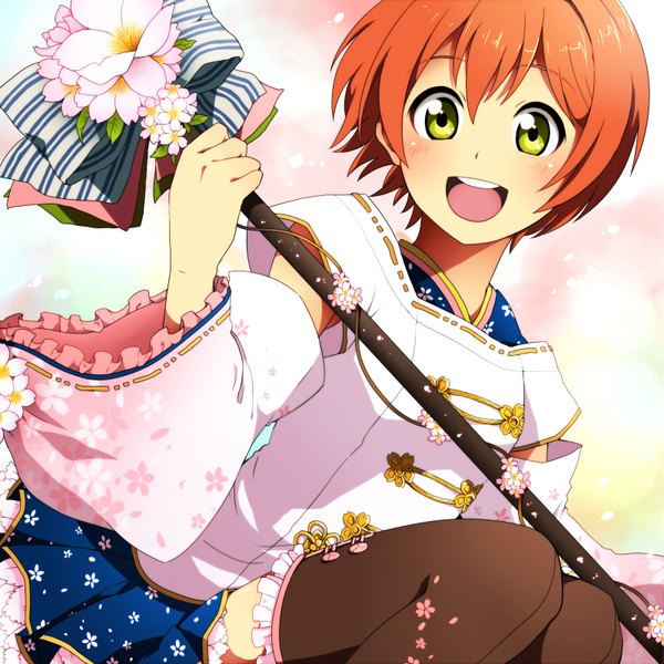 Anime picture 1600x1600 with love live! school idol project sunrise (studio) love live! hoshizora rin usui (h446) looking at viewer blush short hair open mouth green eyes orange hair girl thighhighs flower (flowers) black thighhighs detached sleeves petals staff