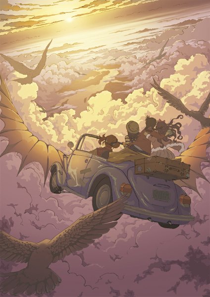 Anime picture 707x1000 with original goke shike (altamira05) long hair tall image twintails multiple girls cloud (clouds) braid (braids) flying fantasy scenic girl hat animal wings bird (birds) 4 girls ground vehicle sun flat cap