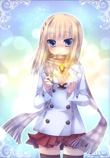 Anime picture 2454x3503 with original katagiri hinata single long hair tall image blush highres blue eyes blonde hair scan zettai ryouiki girl thighhighs skirt black thighhighs jacket scarf candle (candles)