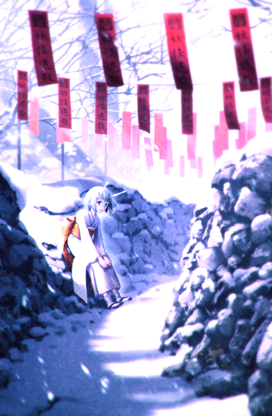 Anime picture 653x1000 with original mocha (cotton) single tall image looking at viewer fringe short hair open mouth blue eyes outdoors white hair traditional clothes japanese clothes horn (horns) sunlight wide sleeves snowing winter snow sunbeam