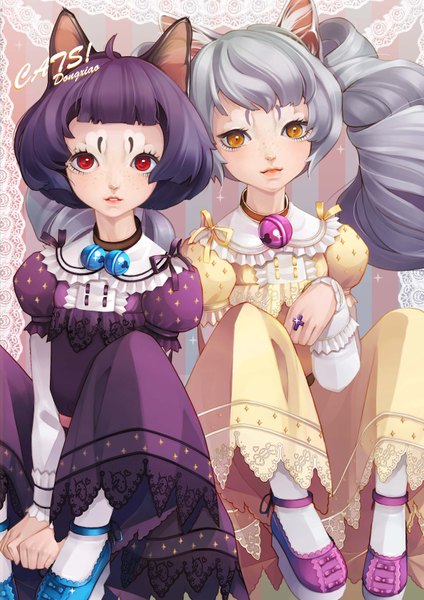 Anime picture 2480x3508 with original dong xiao long hair tall image looking at viewer blush fringe highres short hair open mouth red eyes sitting twintails multiple girls animal ears purple hair ahoge grey hair cat ears inscription