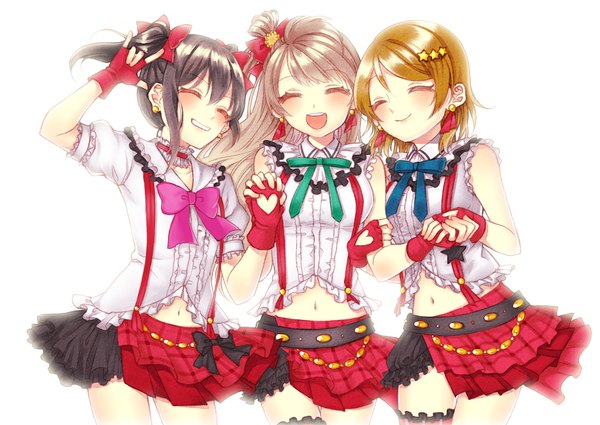 Anime picture 1100x780 with love live! school idol project sunrise (studio) love live! yazawa nico minami kotori koizumi hanayo kanasaku long hair blush short hair open mouth black hair simple background smile brown hair white background twintails multiple girls eyes closed grey hair