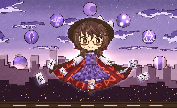 Anime picture 2040x1250 with touhou usami sumireko akihiyo single looking at viewer fringe highres short hair smile brown hair wide image twintails brown eyes cloud (clouds) night puffy sleeves night sky low twintails city cityscape