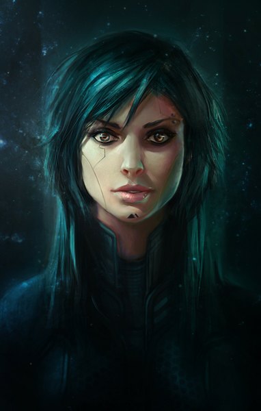 Anime picture 1019x1600 with alexnegrea single long hair tall image looking at viewer black hair green eyes night portrait cyberpunk girl bodysuit