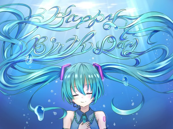 Anime picture 1600x1200 with vocaloid hatsune miku azuuru single long hair looking at viewer blush smile twintails bare shoulders eyes closed sunlight tattoo hand on chest underwater happy birthday weightlessness girl hair ornament water