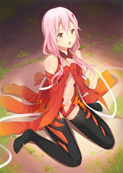 Anime picture 700x989 with guilty crown production i.g yuzuriha inori kurasawa moko single long hair tall image blush light erotic red eyes twintails bare shoulders looking away pink hair from above center opening girl thighhighs navel hair ornament