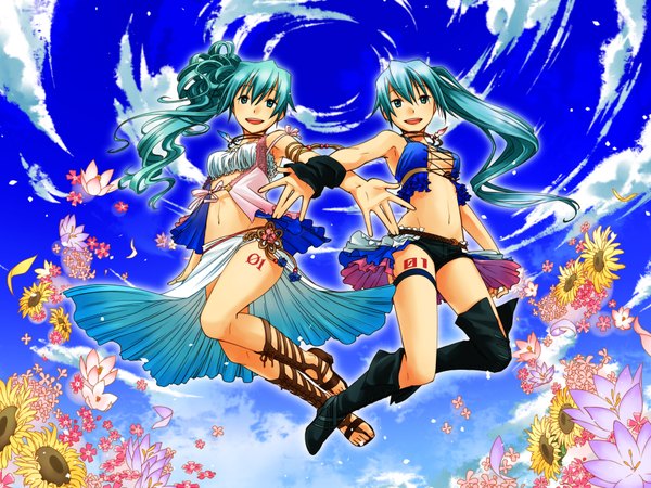 Anime picture 2000x1500 with vocaloid hatsune miku junji highres multiple girls green eyes sky cloud (clouds) ponytail green hair girl flower (flowers) 2 girls boots