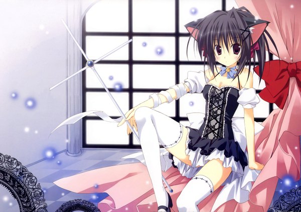 Anime picture 3500x2469 with korie riko single highres short hair light erotic black hair red eyes animal ears absurdres cat ears checkered floor girl thighhighs bow white thighhighs bandage (bandages) cross bubble (bubbles) corset