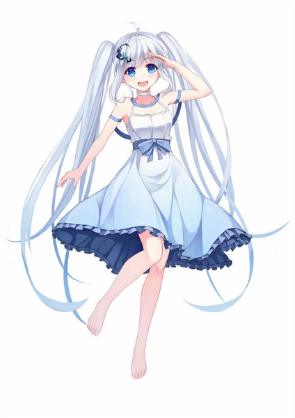 Anime picture 636x900 with original xiaoyin li single tall image looking at viewer blush fringe open mouth blue eyes simple background smile white background twintails silver hair ahoge bent knee (knees) very long hair barefoot sleeveless standing on one leg