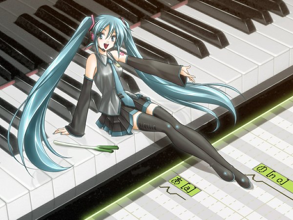 Anime picture 1024x768 with vocaloid hatsune miku mid knight long hair sitting twintails very long hair aqua eyes aqua hair minigirl girl thighhighs skirt detached sleeves necktie musical instrument headset piano leek