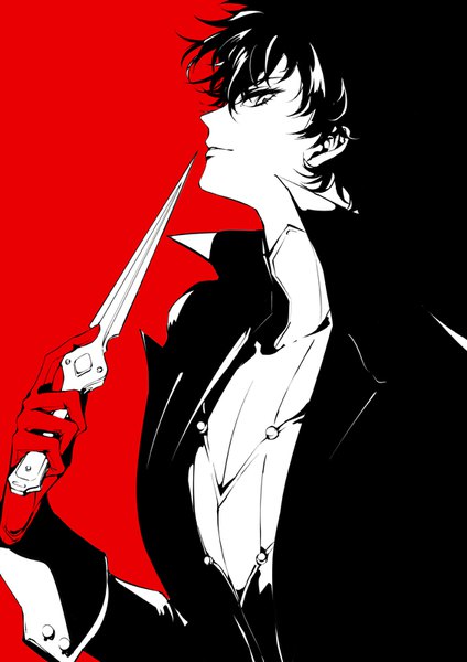Anime picture 566x800 with persona 5 persona amamiya ren zmore single tall image looking at viewer fringe short hair simple background hair between eyes upper body profile light smile red background polychromatic high contrast boy gloves weapon