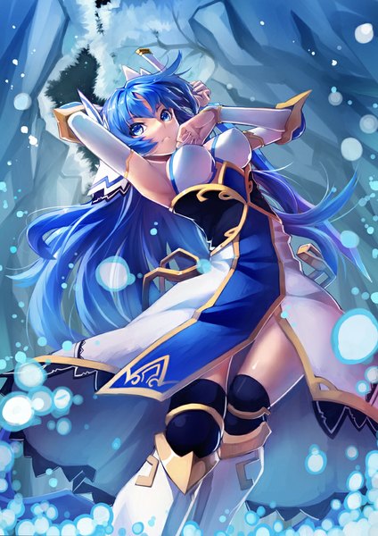 Anime picture 707x1000 with original scottie (phantom2) single long hair tall image looking at viewer blue eyes blue hair from below snowing winter snow attack girl dress weapon detached sleeves sword boots
