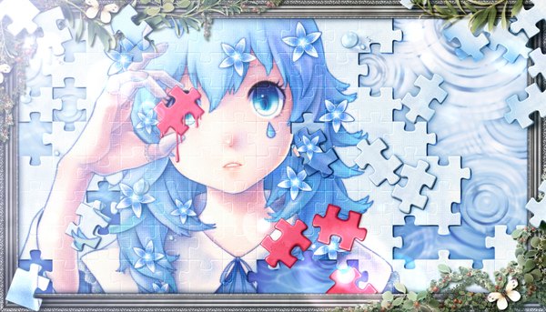 Anime picture 3000x1719 with original bouno satoshi single long hair looking at viewer highres blue eyes wide image holding blue hair tears framed abstract girl flower (flowers) insect butterfly puzzle