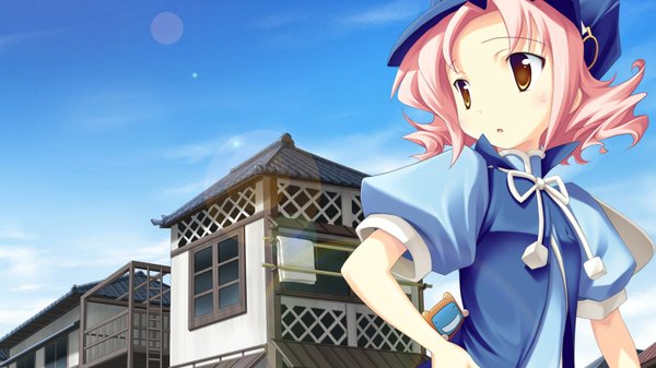 Anime picture 1600x900 with volume7 rococoworks kino kyoka fue (tsuzuku) single short hair wide image brown eyes looking away pink hair sky outdoors puffy sleeves hand on hip architecture east asian architecture girl