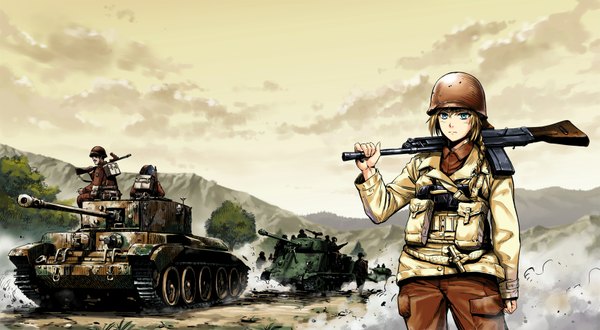 Anime picture 1736x956 with original nyan (themare) long hair highres blue eyes blonde hair wide image sitting sky cloud (clouds) braid (braids) army soldier girl boy uniform weapon plant (plants) tree (trees) gun