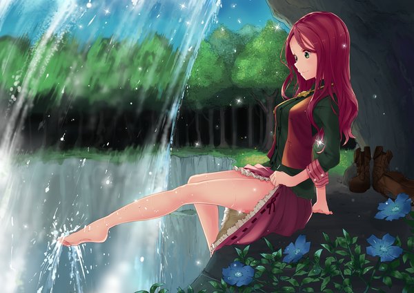 Anime picture 1273x900 with original kamome yuu single long hair green eyes red hair barefoot legs waterfall girl dress flower (flowers) plant (plants) tree (trees) water boots forest
