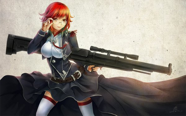 Anime picture 1000x625 with original huijie long hair looking at viewer fringe short hair breasts smile wide image standing holding brown eyes signed red hair light smile lips zettai ryouiki thighhighs weapon glasses