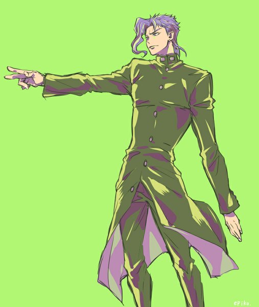 Anime picture 770x910 with jojo no kimyou na bouken kakyoin noriaki aki epiko single tall image short hair simple background purple eyes signed looking away purple hair outstretched arm victory green background boy uniform school uniform earrings gakuran