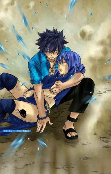 Anime picture 1024x1604 with fairy tail gray fullbuster juvia lockser long hair tall image short hair black hair holding blue hair eyes closed grey eyes tattoo coloring torn clothes magic smoke muscle girl thighhighs boy
