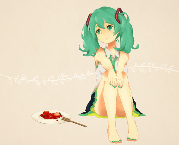 Anime picture 1880x1526 with vocaloid hatsune miku single long hair highres simple background sitting twintails nail polish barefoot aqua eyes aqua hair aqua nail polish toenail polish girl food berry (berries) strawberry fork