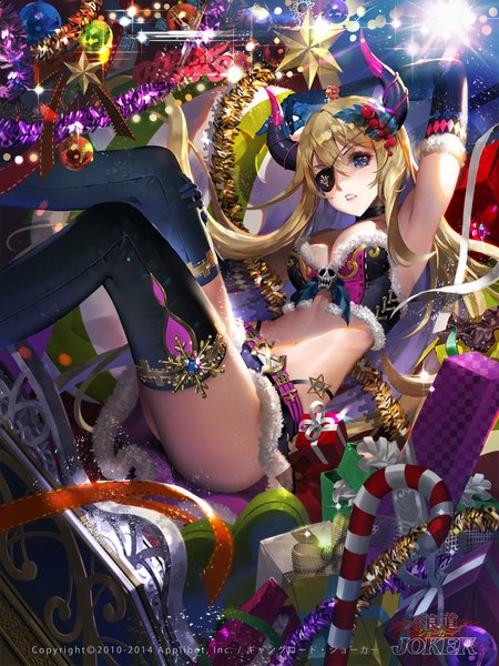Anime picture 1000x1333 with joker ~gang road~ tob single long hair tall image looking at viewer fringe breasts blue eyes light erotic blonde hair large breasts cleavage bent knee (knees) parted lips horn (horns) wind inscription bare belly armpit (armpits)