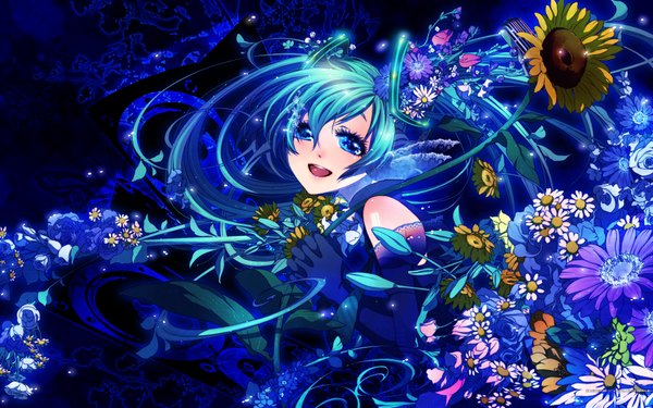 Anime picture 1920x1200 with vocaloid mikumix hatsune miku akezu single long hair highres open mouth blue eyes wide image twintails bare shoulders aqua hair girl flower (flowers) sunflower