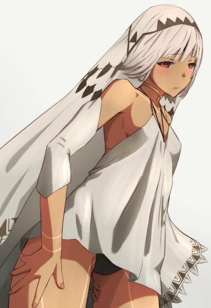 Anime picture 824x1200 with fate (series) fate/grand order altera (fate) sonri single tall image looking at viewer blush fringe short hair light erotic simple background red eyes white background fingernails grey hair pantyshot hand on hip gradient background sideboob
