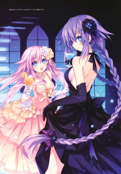 Anime picture 4845x6968 with choujigen game neptune purple heart purple sister tsunako long hair tall image looking at viewer highres open mouth blue eyes multiple girls pink hair absurdres purple hair braid (braids) looking back night official art back girl