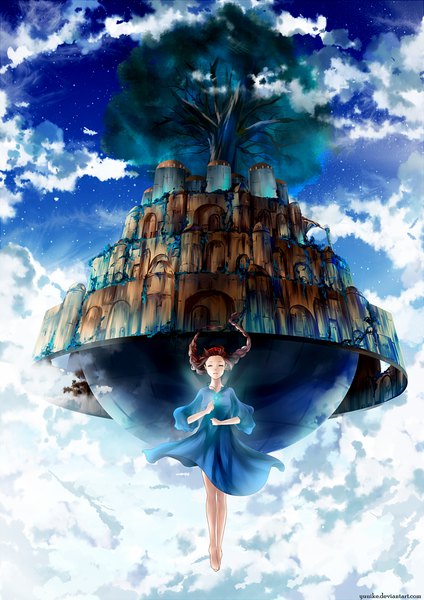 Anime picture 899x1271 with laputa castle in the sky studio ghibli sheeta yuuike single long hair tall image brown hair sky cloud (clouds) full body braid (braids) eyes closed barefoot wind twin braids glow weightlessness midair floating island