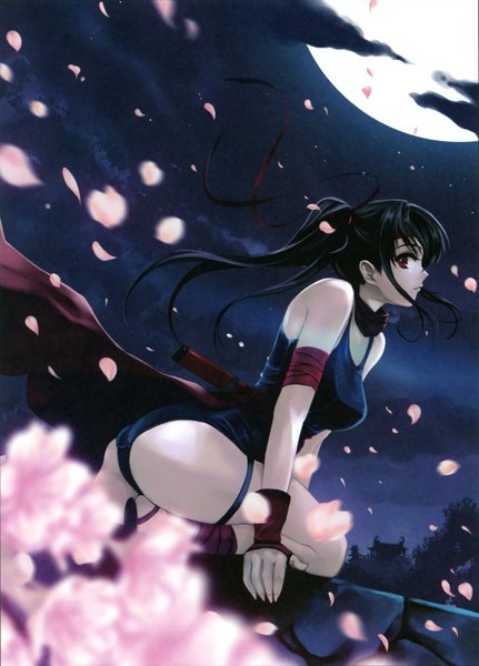 Anime picture 1104x1538 with misaki kurehito single long hair tall image looking at viewer light erotic black hair red eyes bare shoulders cloud (clouds) ponytail profile wind night night sky cherry blossoms cropped girl gloves ribbon (ribbons)