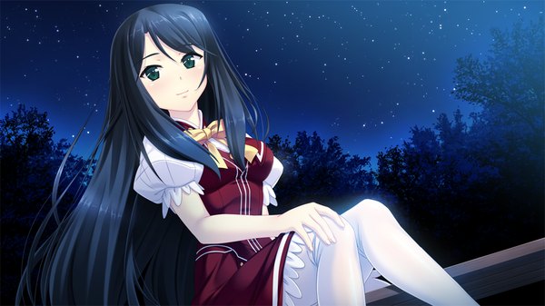 Anime picture 1024x576 with yasashii mahou no tonaekata long hair black hair wide image green eyes game cg night girl uniform school uniform