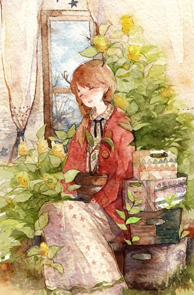 Anime picture 1352x2051 with original mei (artist) single long hair tall image blush open mouth brown hair eyes closed sleeping polka dot traditional media watercolor (medium) girl skirt plant (plants) earrings window star (symbol) curtains