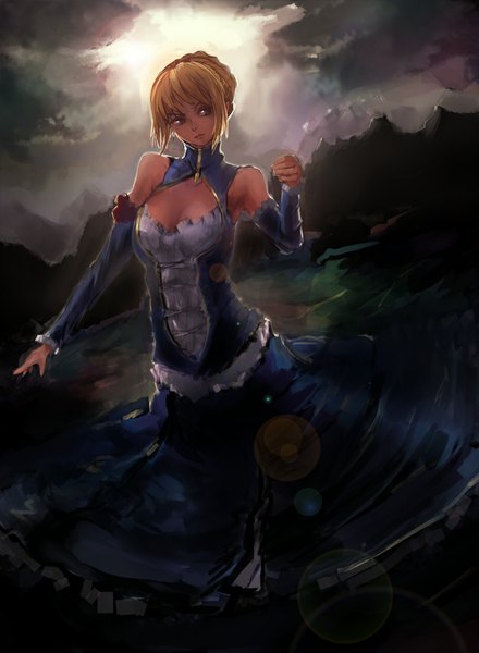 Anime picture 806x1100 with fate (series) fate/stay night studio deen type-moon artoria pendragon (all) saber riftgarret single tall image short hair breasts blue eyes blonde hair looking away sky cleavage cloud (clouds) mountain girl dress