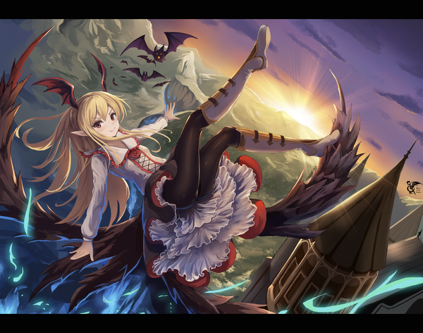 Anime picture 1900x1500 with shingeki no bahamut granblue fantasy vampy eruthika single long hair looking at viewer fringe highres light erotic blonde hair smile signed sky cloud (clouds) full body bent knee (knees) outdoors from above pointy ears