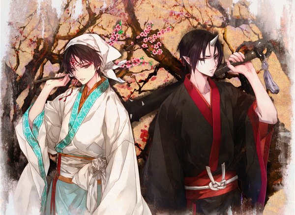 Anime picture 1000x729 with hoozuki no reitetsu wit studio hoozuki (hoozuki no reitetsu) hakutaku (hoozuki no reitetsu) ashita fringe short hair black hair holding looking away traditional clothes japanese clothes horn (horns) lips pointy ears wide sleeves multiple boys demon boy weapon