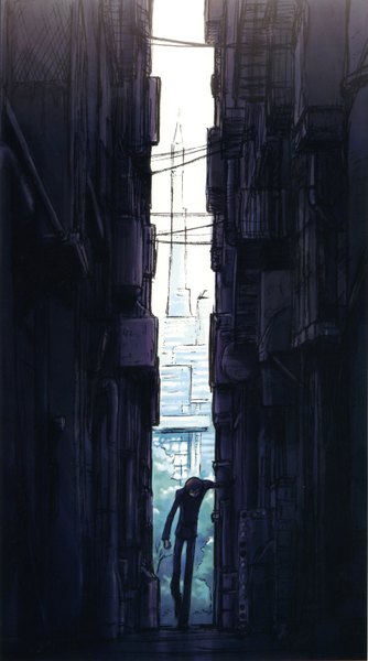 Anime picture 1658x2974 with code geass sunrise (studio) lelouch lamperouge single tall image short hair black hair standing eyes closed scan city alley boy uniform school uniform building (buildings) suit