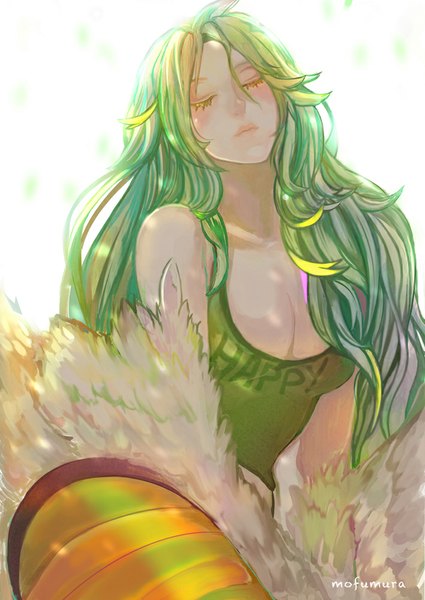 Anime picture 709x1001 with one piece toei animation monet (one piece) jippei single long hair tall image blush simple background white background cleavage eyes closed green hair girl wings