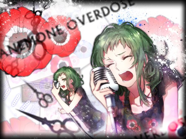 Anime picture 1600x1200 with vocaloid gumi short hair open mouth eyes closed green hair girl microphone