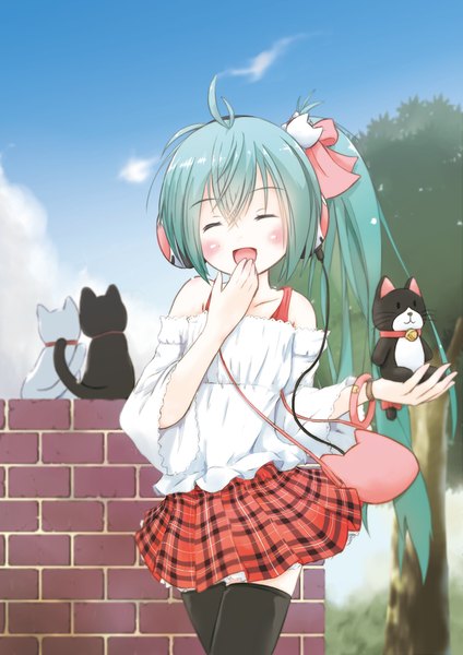 Anime picture 707x1000 with vocaloid hatsune miku mode (mode-n) long hair tall image blush open mouth ponytail eyes closed aqua hair side ponytail girl thighhighs dress black thighhighs plant (plants) animal tree (trees) headphones cat