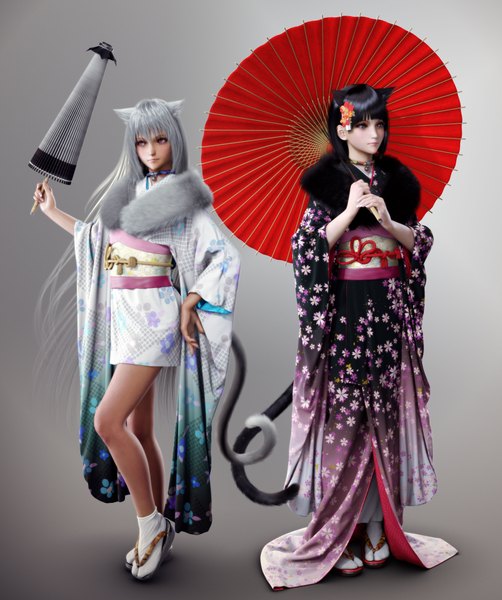 Anime picture 3600x4300 with original ikedan long hair tall image highres short hair black hair simple background red eyes multiple girls animal ears looking away absurdres tail traditional clothes japanese clothes animal tail hair flower grey hair cat ears