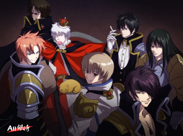 Anime picture 1704x1268 with gintama sunrise (studio) sakata gintoki hijikata toshiro okita sougo takasugi shinsuke katsura kotarou kamui (gintama) sakamoto tatsuma sakata kintoki hangleing long hair looking at viewer highres short hair blue eyes black hair blonde hair red eyes brown hair