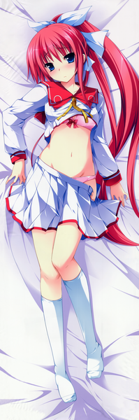 Anime picture 2329x7006 with hana to otome ni shukufuku wo nagishiro miyako mutou kurihito long hair tall image blush highres blue eyes light erotic pink hair full body ponytail dakimakura (medium) girl skirt navel miniskirt socks white socks