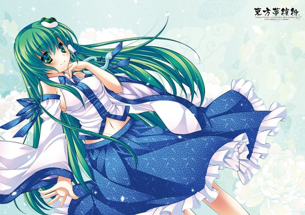 Anime picture 1028x727 with touhou kochiya sanae akao (artist) single long hair green eyes green hair girl skirt navel detached sleeves animal skirt set hair tubes snake