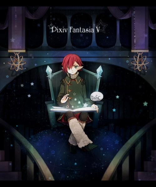 Anime picture 1000x1200 with original pixiv fantasia pixiv fantasia v tama (songe) single tall image fringe short hair sitting green eyes red hair pointy ears hair over one eye inscription letterboxed boy socks star (symbol) book (books) gaiters