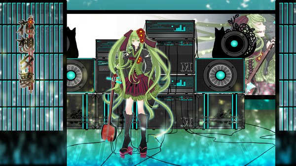 Anime picture 2000x1125 with vocaloid hatsune miku long hair highres wide image twintails green eyes green hair girl hair ornament cat musical instrument wire (wires)