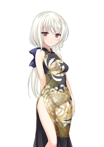 Anime picture 848x1200 with original 47agdragon single long hair tall image blush fringe light erotic simple background standing white background bare shoulders brown eyes white hair floral print girl dress bow