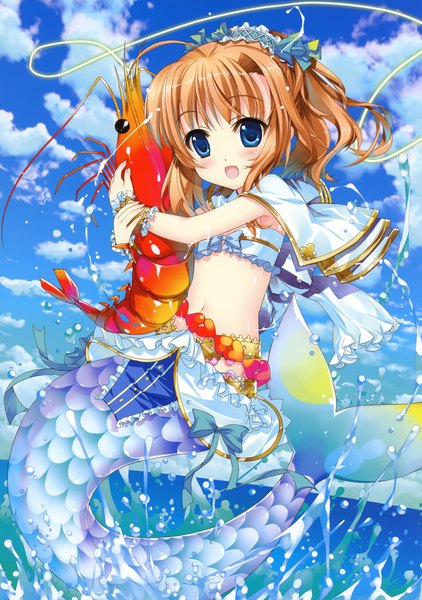 Anime picture 2464x3500 with aquarian age fujima takuya single tall image blush highres short hair open mouth blue eyes brown hair cloud (clouds) girl navel water mermaid