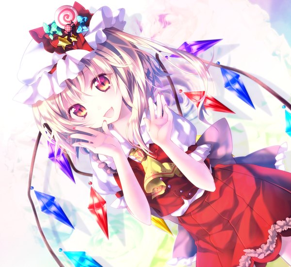 Anime picture 1000x918 with touhou flandre scarlet riichu single looking at viewer short hair open mouth blonde hair red eyes teeth fang (fangs) one side up girl dress skirt bow wings bonnet skirt set crystal