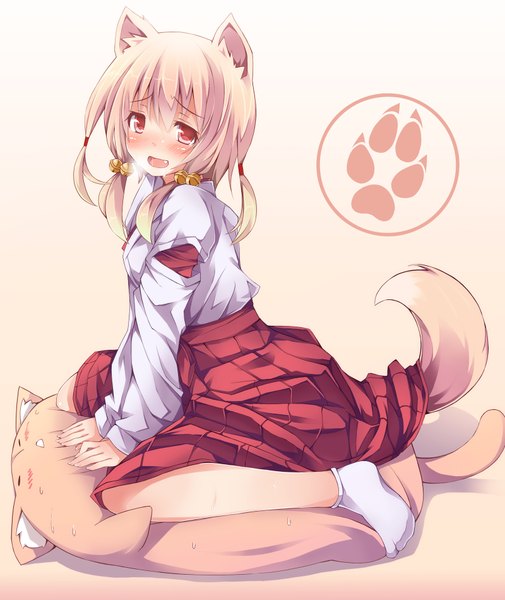 Anime picture 1600x1900 with original chiri (atlanta) tall image blush open mouth blonde hair simple background red eyes animal ears animal tail miko girl animal pillow